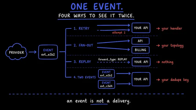 A branching diagram on black. A provider cloud feeds one indigo box, event evt_a1b2, which splits into four numbered branches. Retry sends two arrows to the same box marked your API, the second annotated attempt 2. Fan-out sends one arrow each to API and billing. Replay sends a dashed arrow labelled forward_type: REPLAY. Two events shows a second box, evt_c3d4, alongside the first. Down the right edge in coral, where each one is repaired: your handler, your topology, nothing, your dedupe key. Under a dashed line: an event is not a delivery.